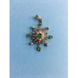 A yellow metal pendant, mounted with diamonds, emeralds and seed pearls, 3.8g, 35mm x 28mm approx.