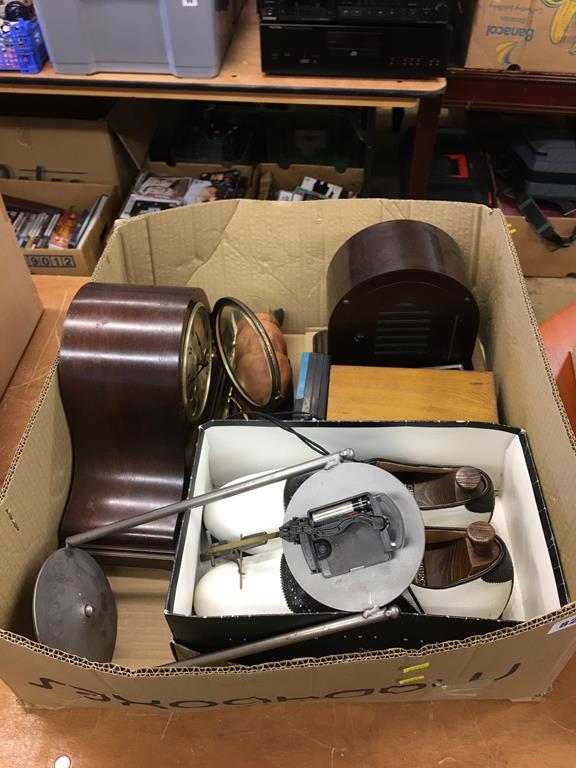 Box of assorted including a Bakelite mantle clock etc.