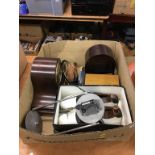 Box of assorted including a Bakelite mantle clock etc.