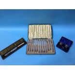 Cased silver salts, silver handled fish cutlery etc.