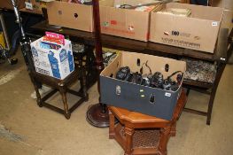 Oak drawer leaf table and chairs, two occasional tables and a standard lamp