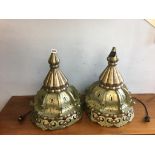 Pair of brass hanging light shades, 50cm