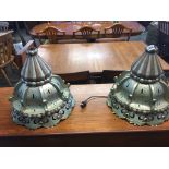 Pair of brass hanging light shades, 50cm