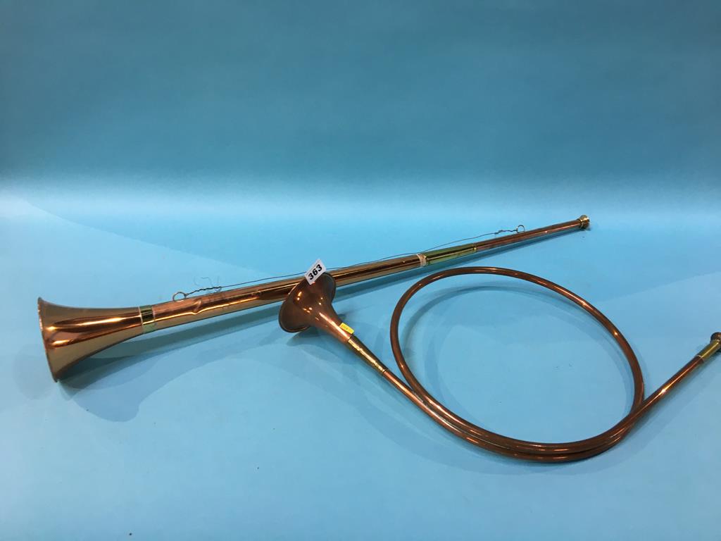 Two copper hunting horns