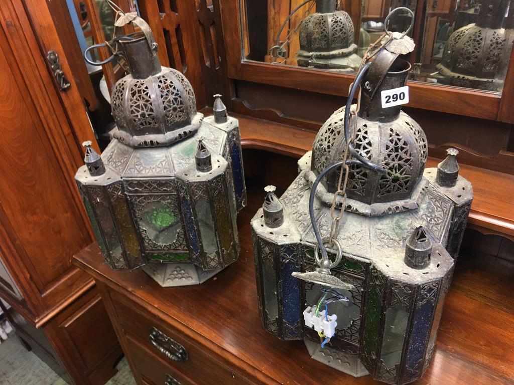 Pair of brass Moroccan style light shades, 50cm