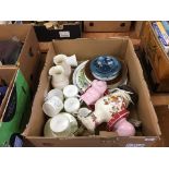 Box of assorted china, Belleek vases, Royal Worcester jug etc.
