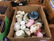 Box of assorted china, Belleek vases, Royal Worcester jug etc.