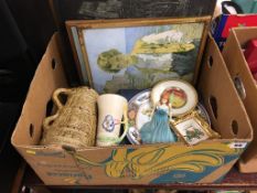 Tray of assorted, including Clarice Cliff vase, an oil lamp etc.