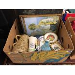 Tray of assorted, including Clarice Cliff vase, an oil lamp etc.