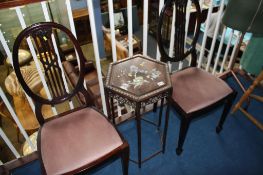Octagonal occasional table, inlaid with mother of pearl and a pair of chairs