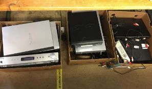 Three boxes assorted Hi Fi/AV equipment, including DVD players, leads etc.