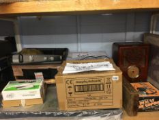 Shelf of assorted including Deco style radio, stylophone etc.