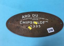 Brass plaque 'Richard Dunston Ltd Ship Builders 1935'