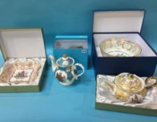 Boxed commemorative tea pots, bowl and dish