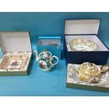 Boxed commemorative tea pots, bowl and dish