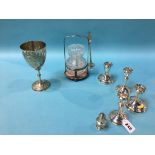 Pair of silver dwarf candlesticks, a pickle jar etc.