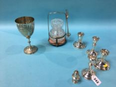 Pair of silver dwarf candlesticks, a pickle jar etc.