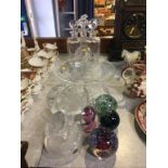 Three decanters, various paper weights etc.