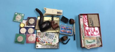 Box of assorted, pipes, coins and notes etc.