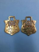 Two horse brasses, R.S.P.C.A London, cart horse parade 1932 and 1934