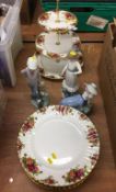 Quantity Royal Albert Old Country Rose dinner plates, cake stand, one Lladro and two Nao figures