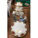 Quantity Royal Albert Old Country Rose dinner plates, cake stand, one Lladro and two Nao figures