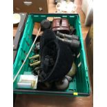 One box assorted, including binoculars, jockey hat etc.