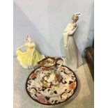 Royal Doulton figure, Lladro figure and two pieces of Masons