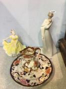 Royal Doulton figure, Lladro figure and two pieces of Masons