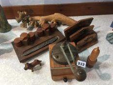 Assorted treen including an Oriental root sculpture of a fish