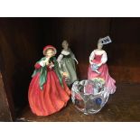 Three Royal Doulton figures and a Royal Copenhagen dish