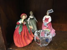 Three Royal Doulton figures and a Royal Copenhagen dish