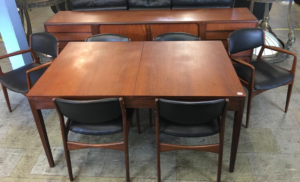 Good quality British teak dining room suite, comprising sideboard, table and six chairs