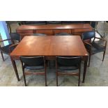 Good quality British teak dining room suite, comprising sideboard, table and six chairs