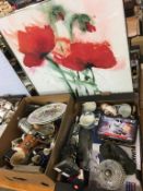 Two boxes assorted including stein, lamp, large framed print etc.