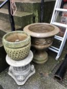 Composite stone pedestal, and a LNER railway post