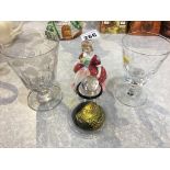 Two engraved glasses, Royal Doulton figure and a scent bottle