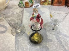 Two engraved glasses, Royal Doulton figure and a scent bottle