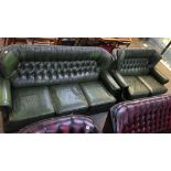 Two green leather button back sofas