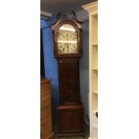 Eight day mahogany long case clock, painted dial and swan neck pendent