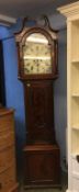 Eight day mahogany long case clock, painted dial and swan neck pendent