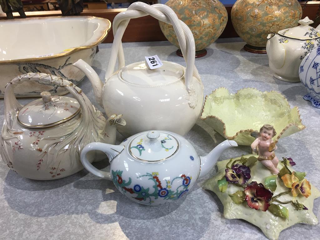 Belleek teapot, Rosenthal teapot and a creamware teapot (3)