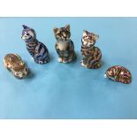 Four Royal Crown Derby paperweights, including silver Tabby Cat and a Winstanley Cat (5)