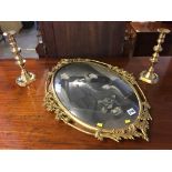 Brass picture frame and pair of candlesticks