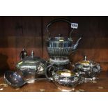 Assorted silver plate, including a spirit kettle