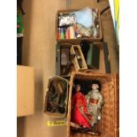 Three boxes of assorted and a wicker hamper