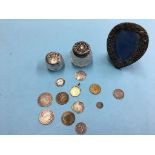 Silver top bottles, various coins etc.