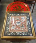 Framed Oriental silk embroidered panel and a plaque