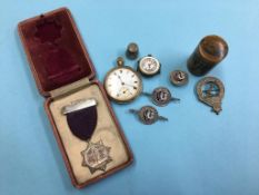 Bag of assorted including silver badges, plated pocket watch etc.