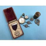 Bag of assorted including silver badges, plated pocket watch etc.